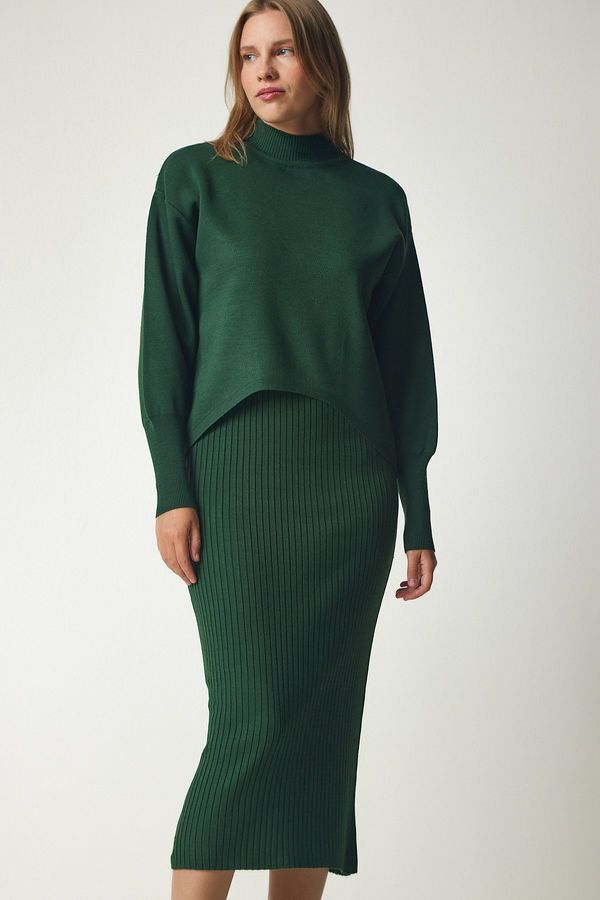 Happiness İstanbul Happiness İstanbul Women's Dark Green Ribbed Knitwear Sweater Dress