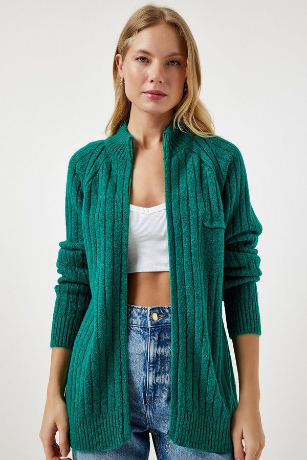 Happiness İstanbul Happiness İstanbul Women's Dark Green Zippered Knitwear Cardigan