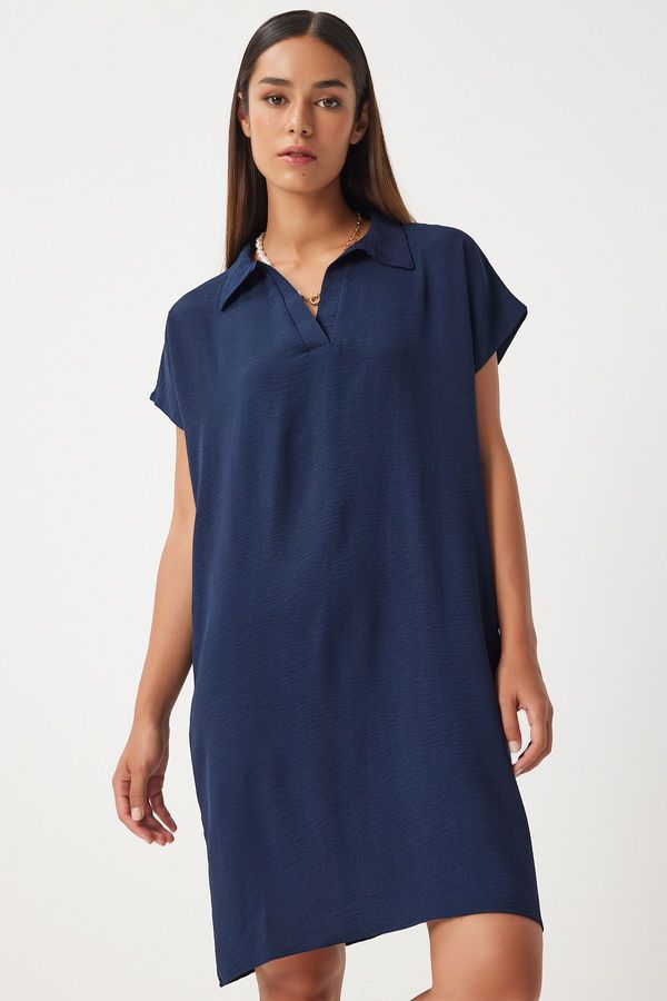 Happiness İstanbul Happiness İstanbul Women's Dark Navy Blue Polo Neck Summer Loose Linen Ayrobin Dress