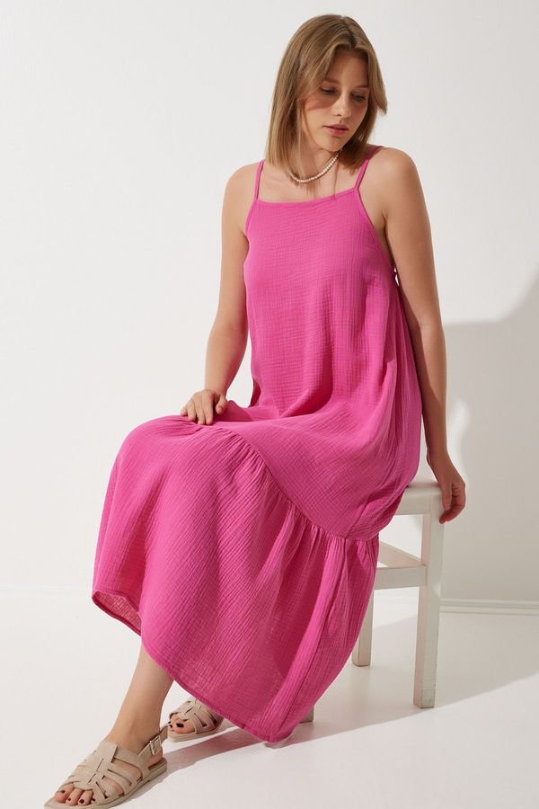 Happiness İstanbul Happiness İstanbul Women's Dark Pink Strappy Summer Loose Muslin Dress