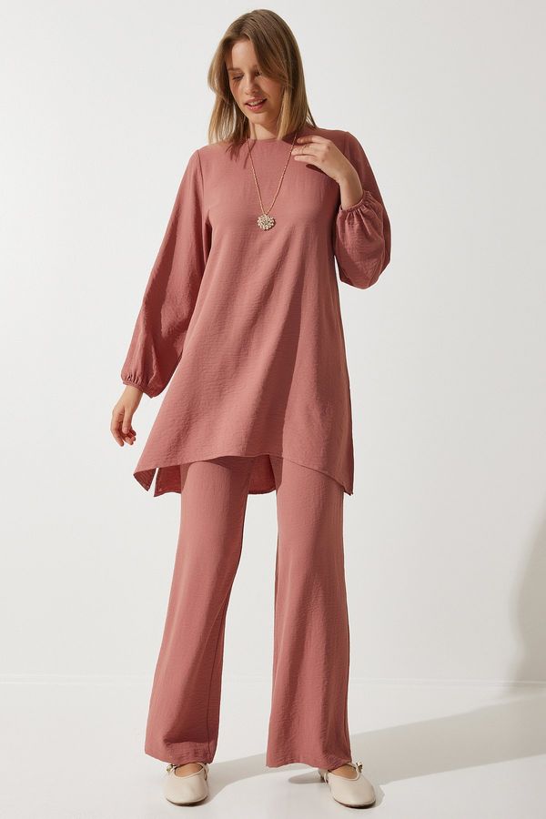 Happiness İstanbul Happiness İstanbul Women's Dusty Rose Flowing Tunic Palazzo Knitted Set