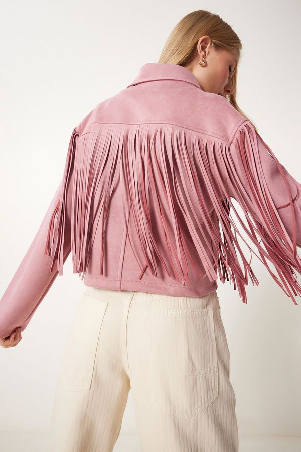 Happiness İstanbul Happiness İstanbul Women's Dusty Rose Shirt Collar Tassel Suede Jacket