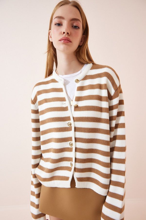 Happiness İstanbul Happiness İstanbul Women's Ecru Biscuit Padded Striped Knitwear Cardigan