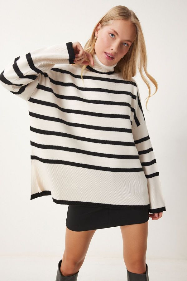 Happiness İstanbul Happiness İstanbul Women's Ecru Black Striped Oversize Knitwear Sweater