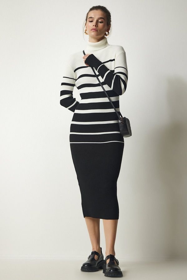 Happiness İstanbul Happiness İstanbul Women's Ecru Black Turtleneck Striped Ribbed Knitwear Dress