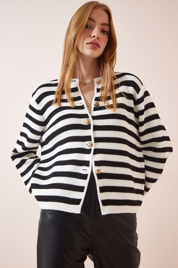 Happiness İstanbul Happiness İstanbul Women's Ecru Black Wadding Striped Knitwear Cardigan