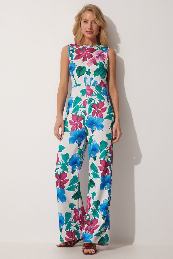 Happiness İstanbul Happiness İstanbul Women's Ecru Blue Floral Summer Knitted Jumpsuit