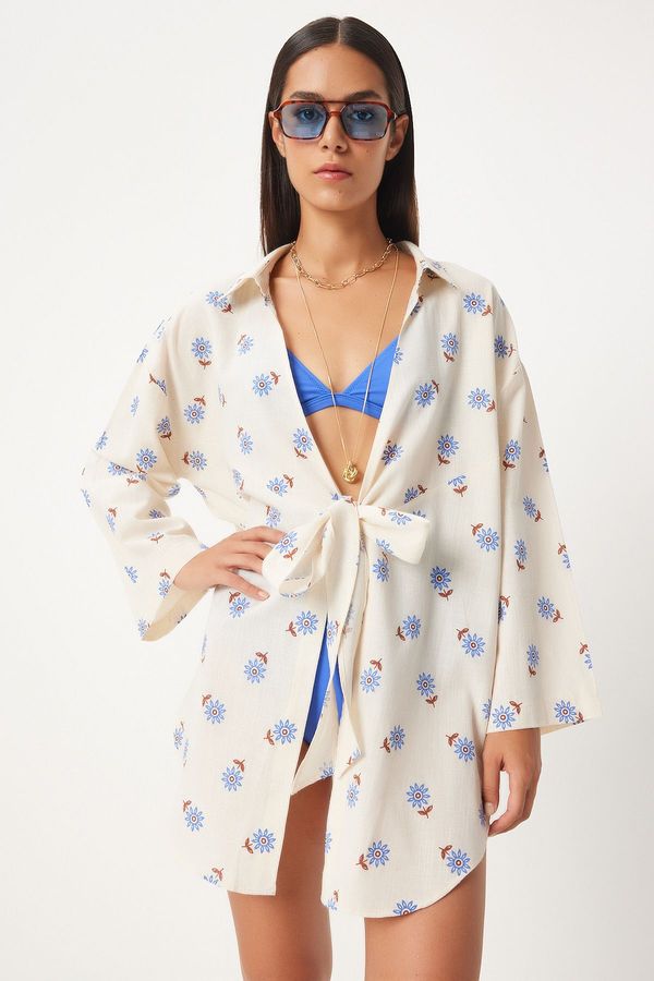 Happiness İstanbul Happiness İstanbul Women's Ecru Blue Tied Linen Kimono