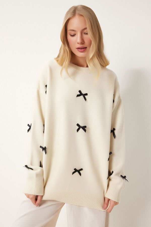 Happiness İstanbul Happiness İstanbul Women's Ecru Bow Knit Sweater