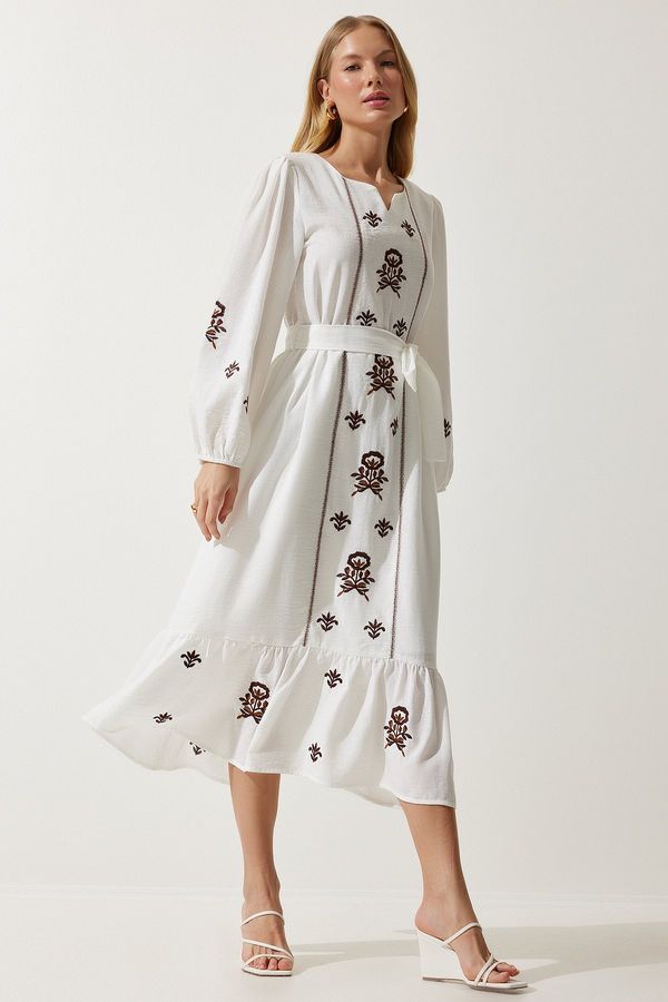 Happiness İstanbul Happiness İstanbul Women's Ecru Embroidered Linen Surface Long Woven Dress