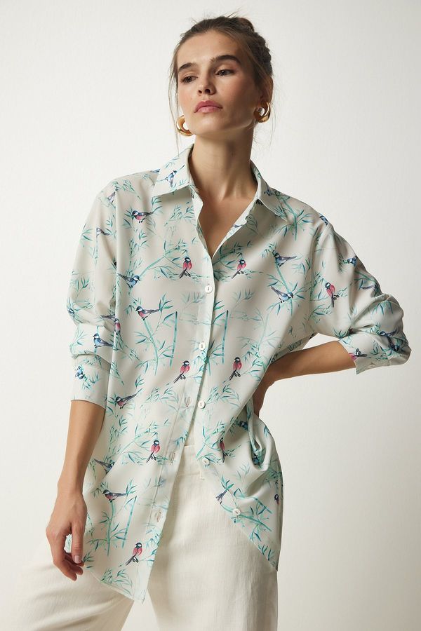 Happiness İstanbul Happiness İstanbul Women's Ecru Green Patterned Oversize Satin Finished Shirt