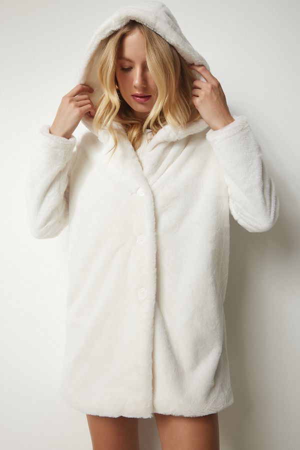Happiness İstanbul Happiness İstanbul Women's Ecru Hooded Oversized Shearling Plush Coat