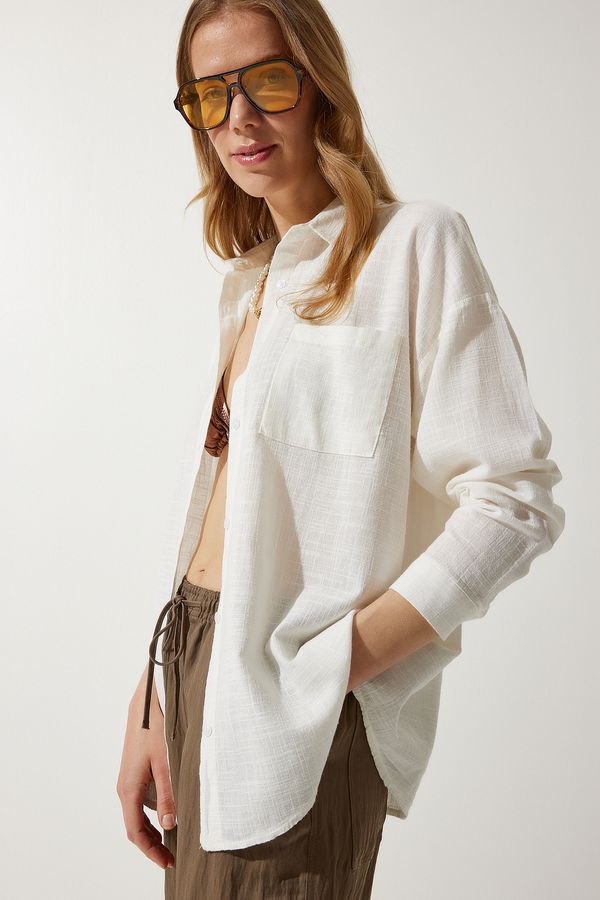 Happiness İstanbul Happiness İstanbul Women's Ecru Pocket Oversize Linen Shirt