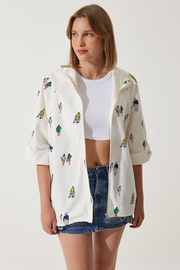 Happiness İstanbul Happiness İstanbul Women's Ecru Printed Hooded Raw Linen Jacket