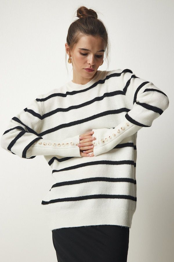 Happiness İstanbul Happiness İstanbul Women's Ecru Striped Knitwear Sweater