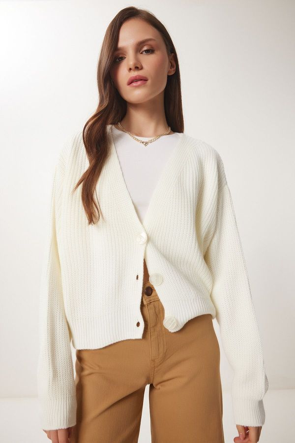 Happiness İstanbul Happiness İstanbul Women's Ecru V-Neck Buttoned Knitwear Cardigan