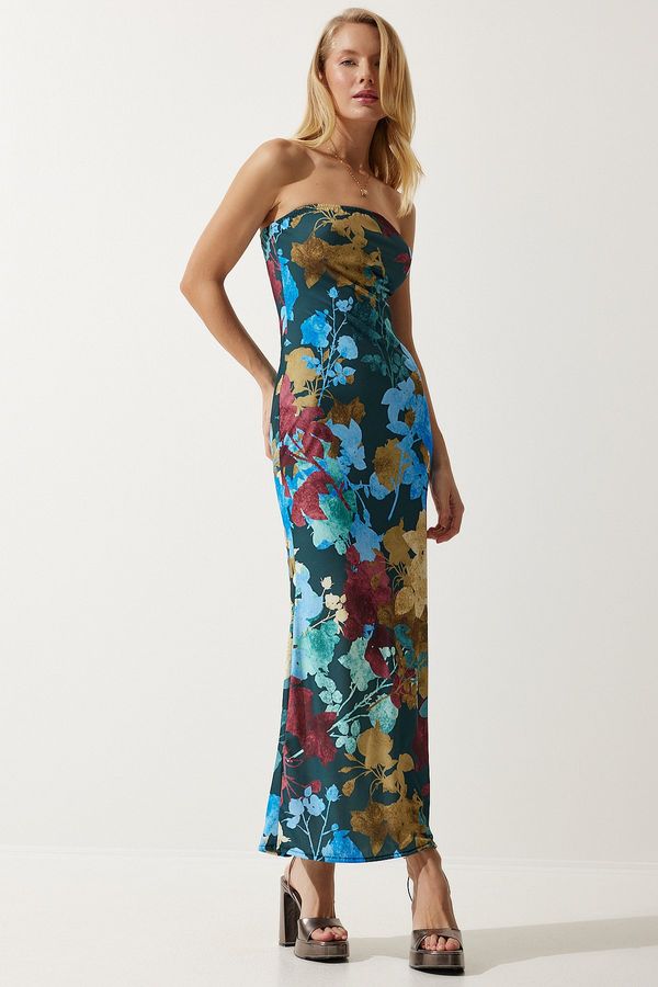 Happiness İstanbul Happiness İstanbul Women's Emerald Green Blue Floral Wrap Summer Strapless Dress