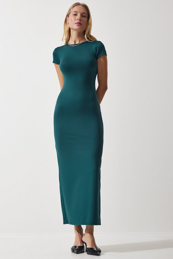 Happiness İstanbul Happiness İstanbul Women's Emerald Green Crew Neck Wraparound Sandy Knitted Dress
