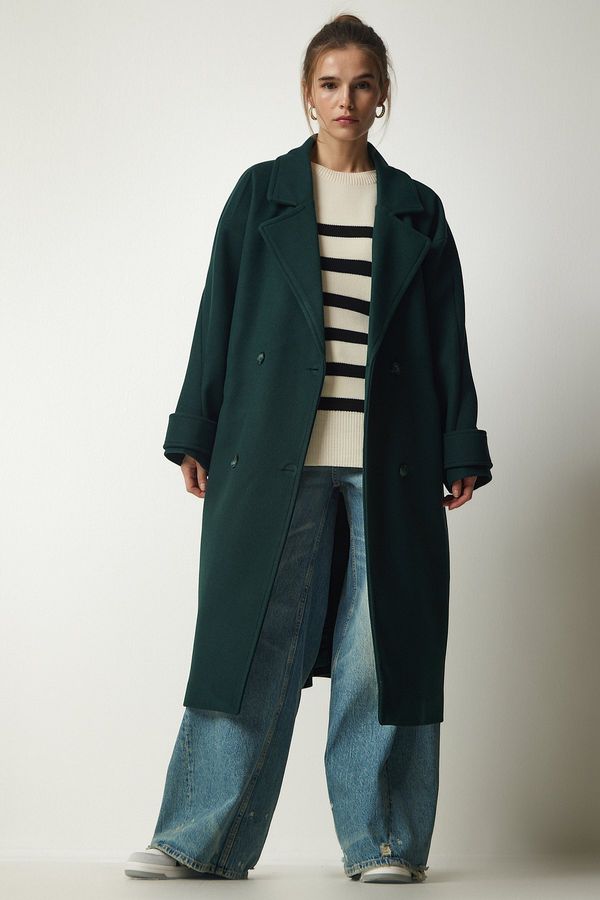 Happiness İstanbul Happiness İstanbul Women's Emerald Green Double Breasted Neck Belted Oversize Cachet Coat