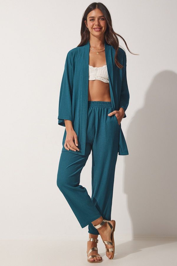 Happiness İstanbul Happiness İstanbul Women's Emerald Green Kimono with Pants and Knit Set