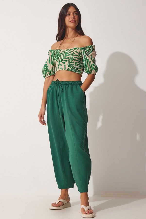 Happiness İstanbul Happiness İstanbul Women's Emerald Green Linen Viscose Baggy Pants with Pocket