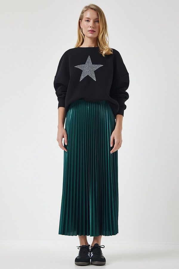 Happiness İstanbul Happiness İstanbul Women's Emerald Green Shiny Finish Pleated Knitted Skirt