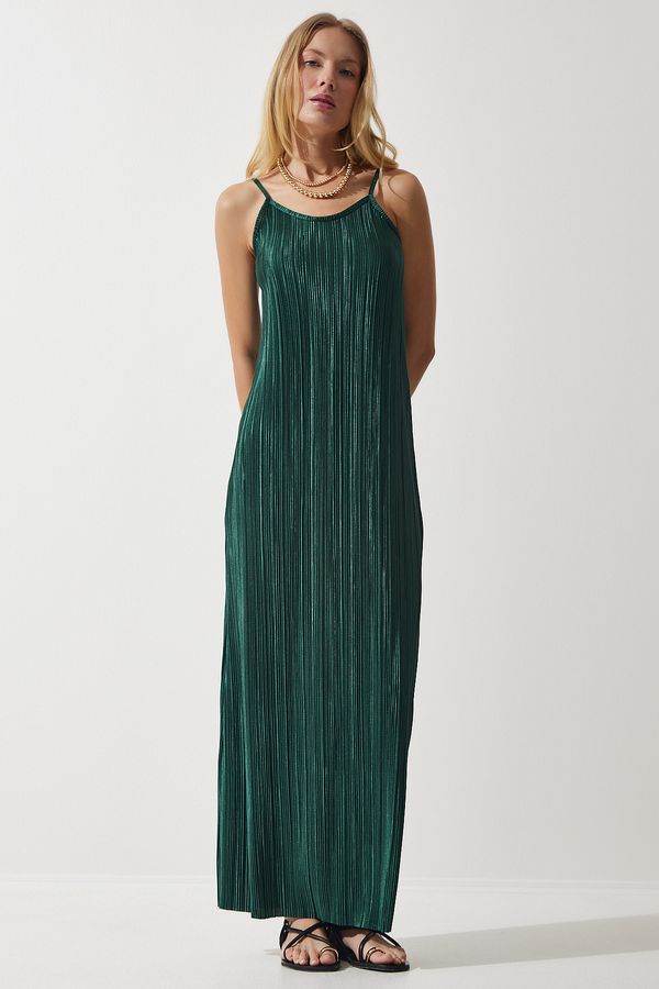 Happiness İstanbul Happiness İstanbul Women's Emerald Green Strappy Summer Pleated Dress