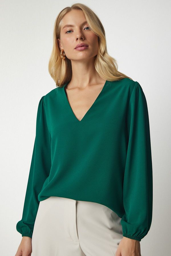 Happiness İstanbul Happiness İstanbul Women's Emerald Green V-Neck Crepe Blouse