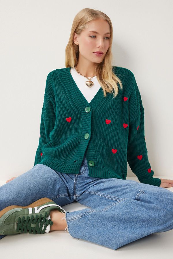 Happiness İstanbul Happiness İstanbul Women's Emerald Green V Neck Heart Textured Knitwear Cardigan