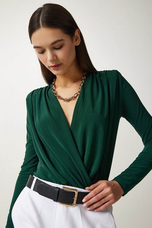 Happiness İstanbul Happiness İstanbul Women's Emerald Green Wrapover Neck Snap-On Knitted Blouse
