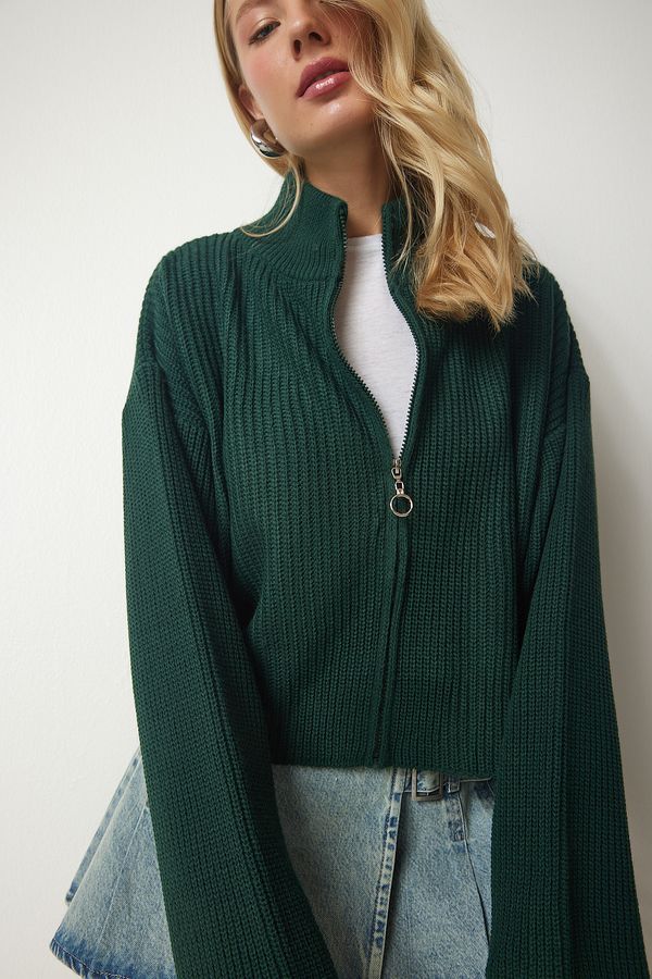 Happiness İstanbul Happiness İstanbul Women's Emerald Green Zippered Knitwear Cardigan