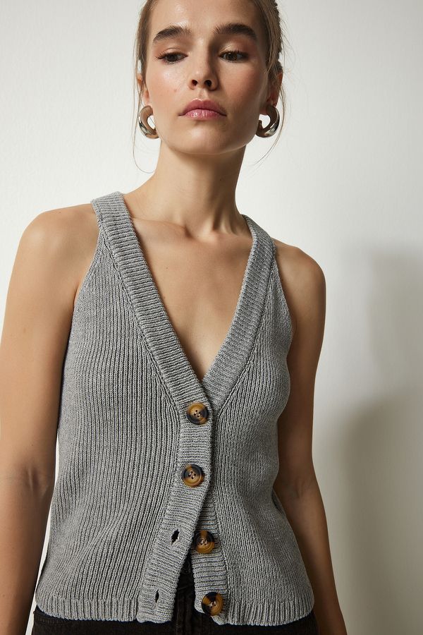 Happiness İstanbul Happiness İstanbul Women's Gray Barbell Neck Buttoned Knitwear Vest