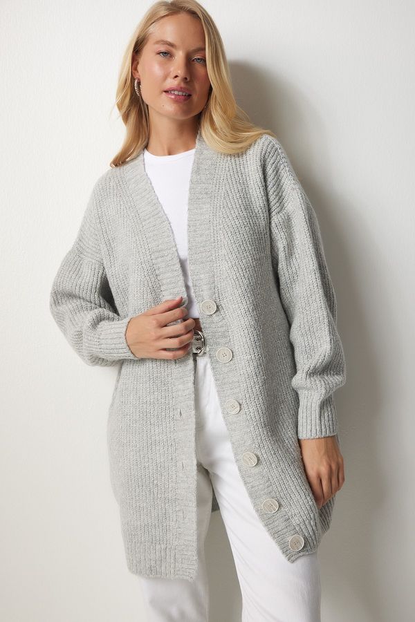 Happiness İstanbul Happiness İstanbul Women's Gray Buttoned Long Knitwear Cardigan
