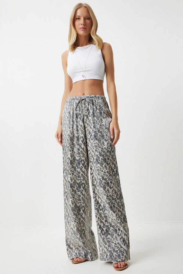 Happiness İstanbul Happiness İstanbul Women's Gray Cream Leopard Patterned Palazzo Trousers