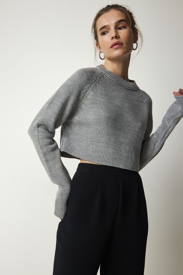 Happiness İstanbul Happiness İstanbul Women's Gray Crew Neck Crop Knitwear Sweater