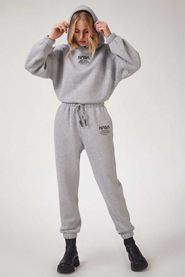 Happiness İstanbul Happiness İstanbul Women's Gray Fleece Printed Tracksuit Set