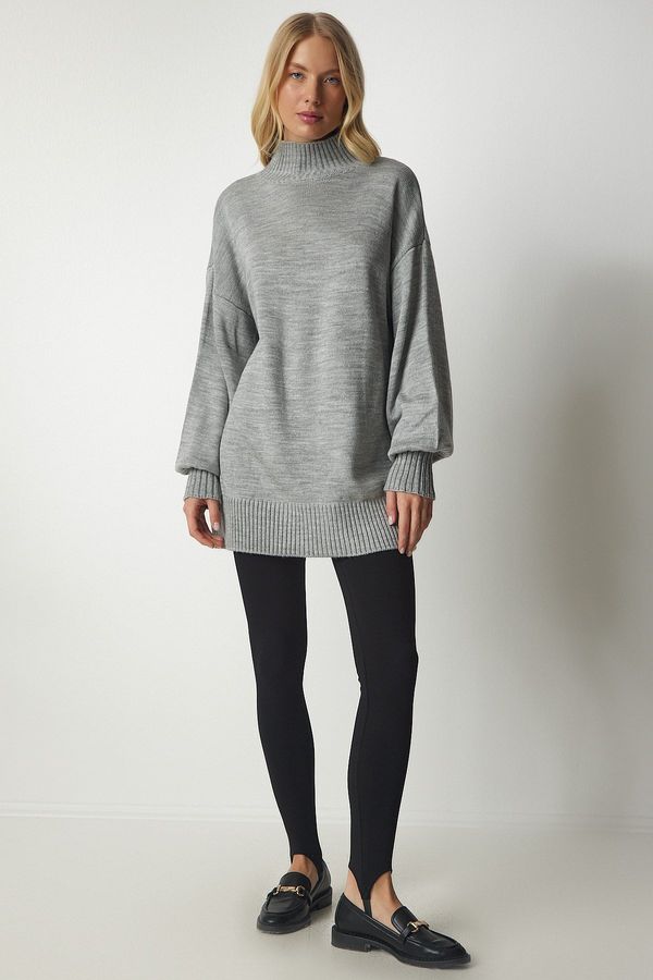 Happiness İstanbul Happiness İstanbul Women's Gray High Neck Oversize Basic Knitwear Sweater