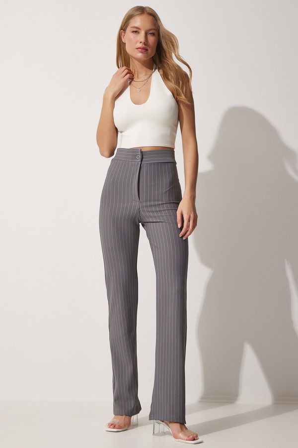 Happiness İstanbul Happiness İstanbul Women's Gray High Waist Striped Pants