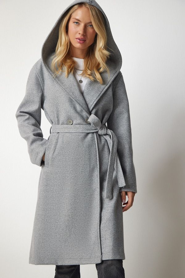 Happiness İstanbul Happiness İstanbul Women's Gray Hooded Belted Cachet Coat