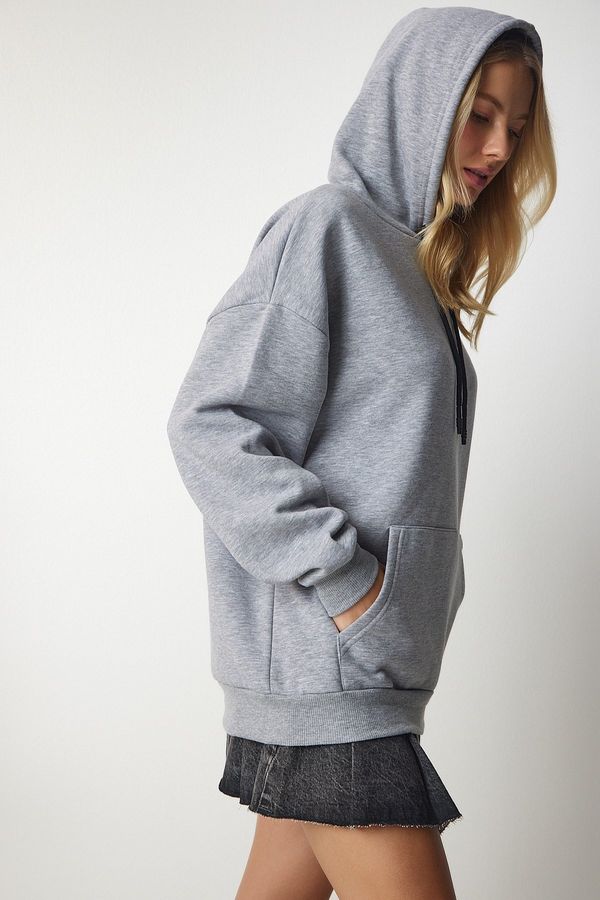 Happiness İstanbul Happiness İstanbul Women's Gray Hooded Knitted Sweatshirt