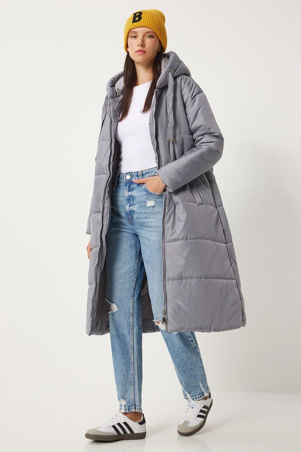 Happiness İstanbul Happiness İstanbul Women's Gray Hooded Long Puffer Coat