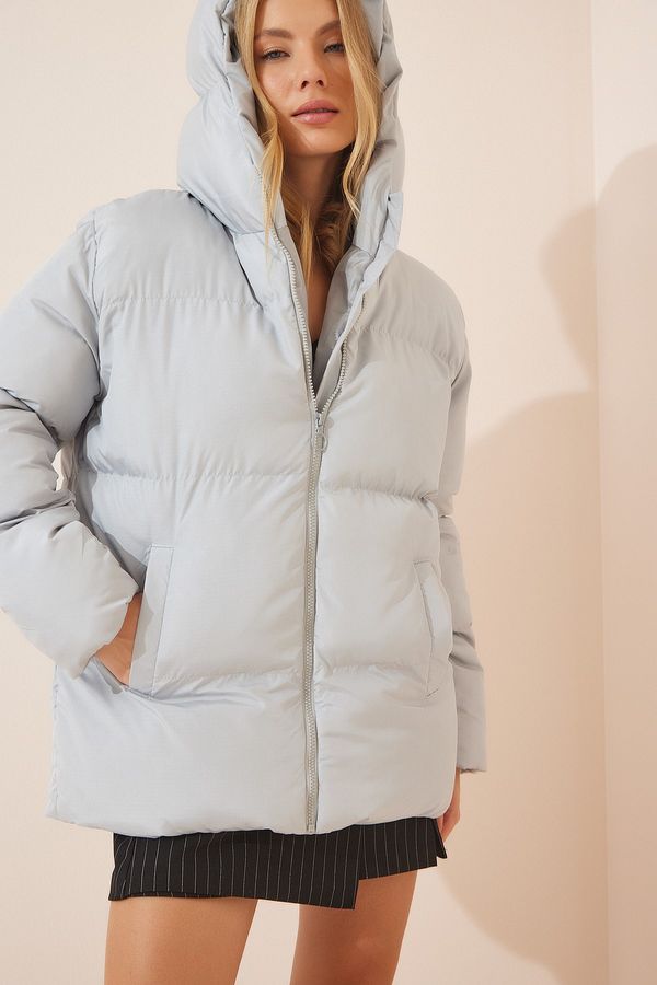 Happiness İstanbul Happiness İstanbul Women's Gray Hooded Oversized Puffer Coat