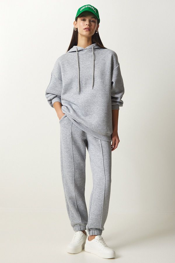 Happiness İstanbul Happiness İstanbul Women's Gray Hooded Raised Knitted Tracksuit Set