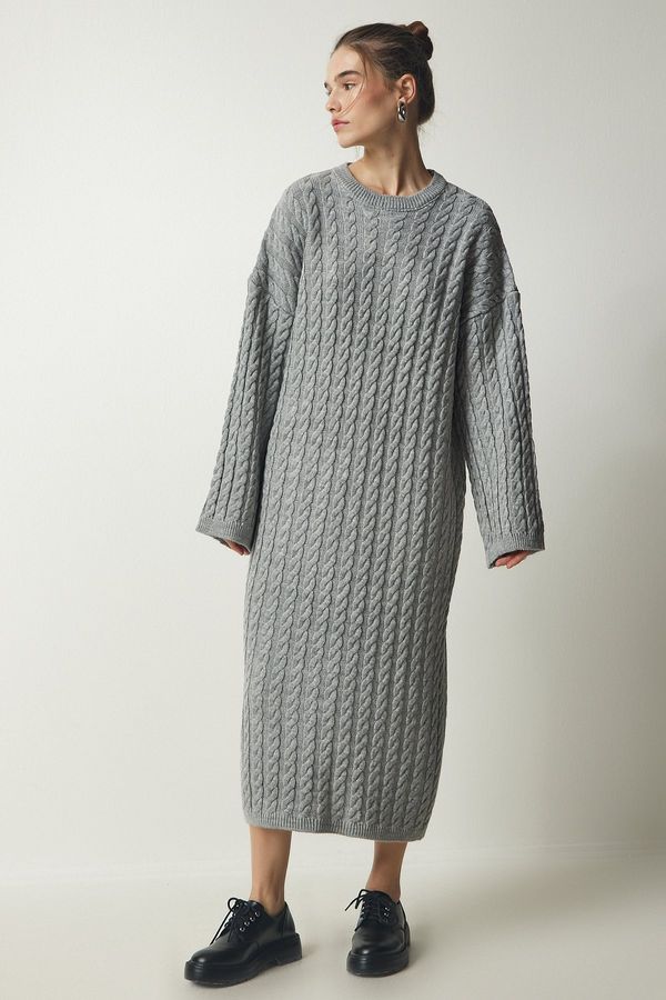 Happiness İstanbul Happiness İstanbul Women's Gray Knitted Detailed Thick Oversize Knitwear Dress