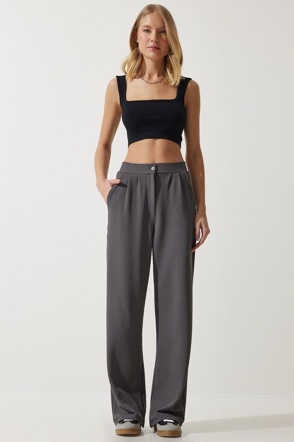 Happiness İstanbul Happiness İstanbul Women's Gray Lycra Comfortable Palazzo Knitted Trousers