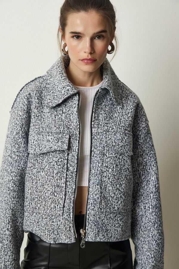 Happiness İstanbul Happiness İstanbul Women's Gray Melange Wide Pocket Boucle Coat