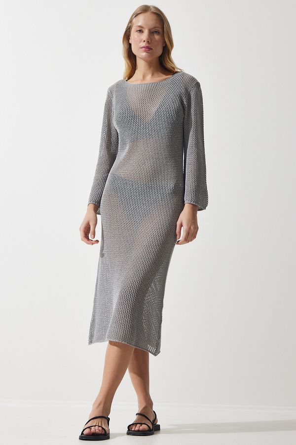 Happiness İstanbul Happiness İstanbul Women's Gray Openwork Transparent Long Knitwear Dress