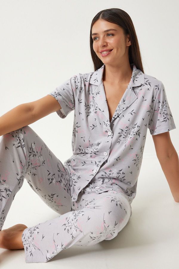 Happiness İstanbul Happiness İstanbul Women's Gray Patterned Shirt and Pants Pajama Set