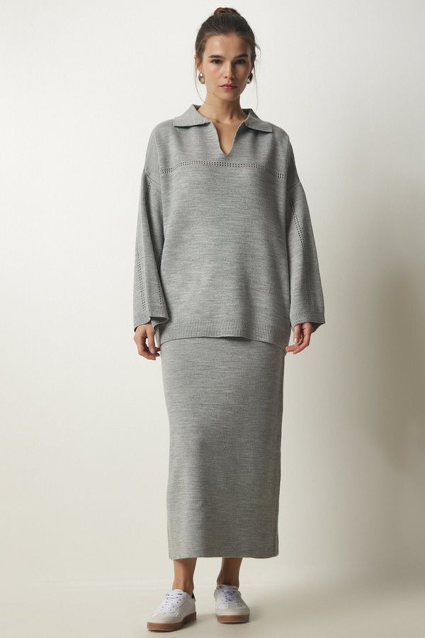 Happiness İstanbul Happiness İstanbul Women's Gray Polo Neck Stylish Knitwear Sweater Skirt Suit