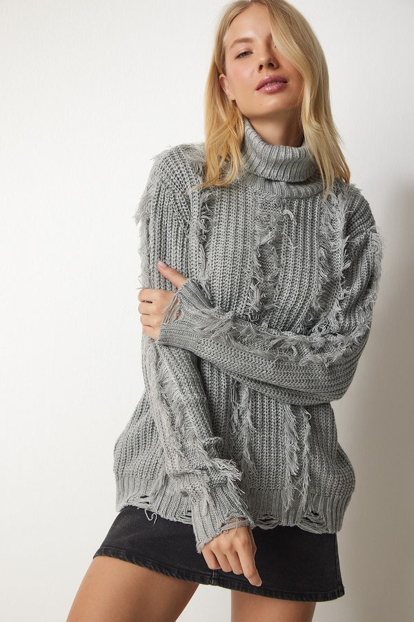 Happiness İstanbul Happiness İstanbul Women's Gray Tassel And Ripped Detail Knitwear Sweater